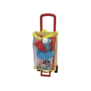 Pirate themed beach toy set with bucket, shovel, rake, watering can, and mold in a clear carrying bag with wheels - Beach Item
