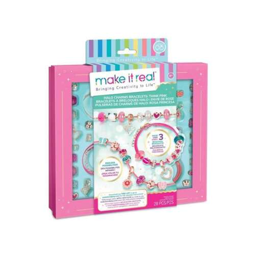 Make It Real Kristály Medál Karkötők Pink, ékszerkészítő szett lányoknak, 27 darabos, 3 karkötő készíthető, rózsaszín dobozban - Flair Toys
