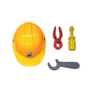 Építőmunkás játékkészlet gyerekeknek, tartalmaz egy sárga munkavédelmi sisakot, csavarhúzót, fogót és villáskulcsot - Barkácsolás, Autópálya & Parkolóház és Figura