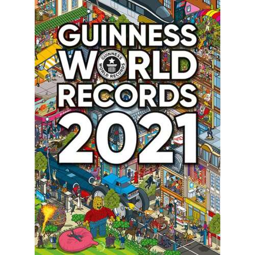 Guinness World Records 2021 könyv borítója, egy színes illusztrációt mutat be egy városról, különféle rekordokat döntő tárgyakkal és emberekkel