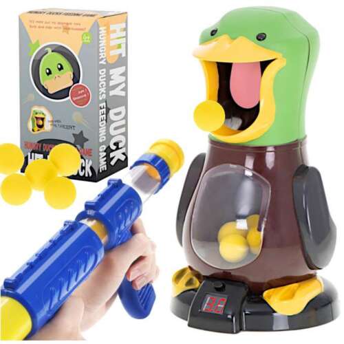 Hit My Duck Hungry Ducks Feeding Game, a fun and challenging game for kids, featuring a duck target and a spring-loaded gun that shoots foam balls