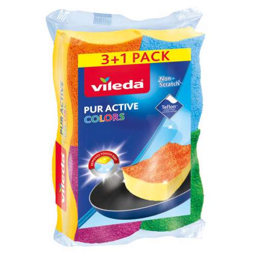 Hubky na umývanie riadu Vileda Pur Active Colors, 3+1 balenie, bez poškriabania, na teflón