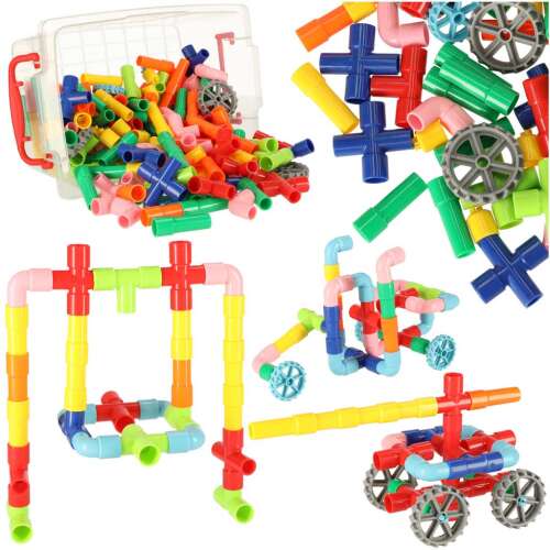 Collage of colorful plastic pipe building blocks, showing different building possibilities, including a car, a swing, and a structure. 170 pieces.