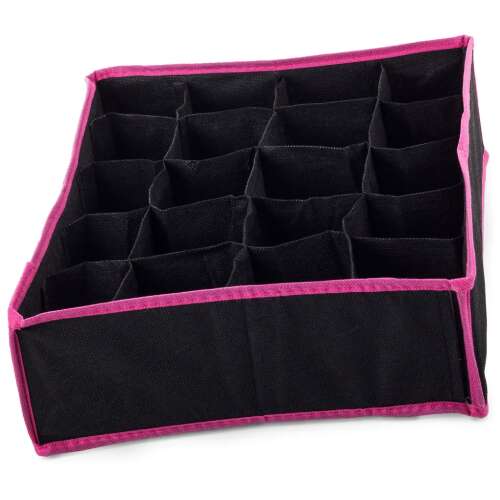 Black fabric drawer organizer with pink trim, 20 compartments, for organizing underwear, socks, ties, or belts