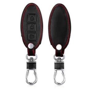 Black leather key cover for Nissan car keys with red stitching, front and back view - Car Charger