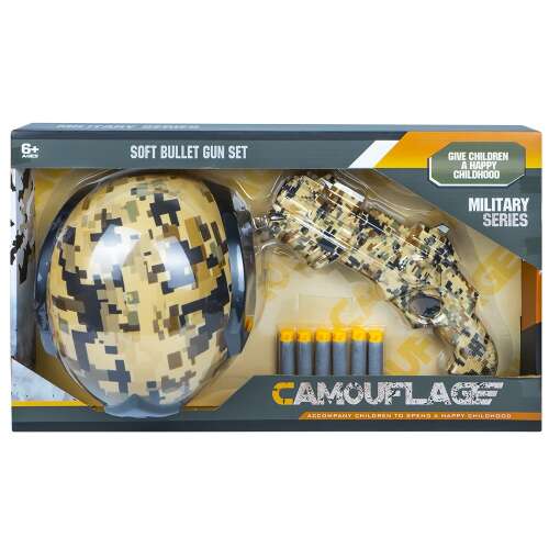 Szivacsgolyós pisztoly készlet gyerekeknek, tartalmaz játékpisztolyt, sisakot és szivacsgolyókat