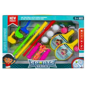 Sportcikkek készlete, ugrálókötéllel, ütőkkel, golflabdákkal, ütőkkel, tollaslabdával
