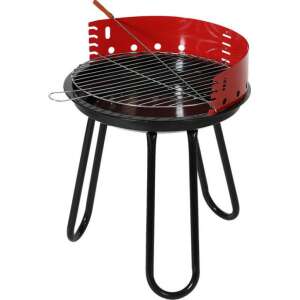 Red and black round charcoal grill with legs, perfect for camping and picnics - Garden