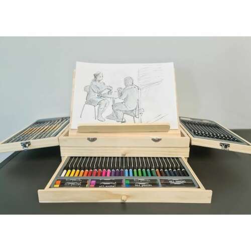 Kruzzel művészeti tok 83 darabos készlettel, nyitva, az összes tartalommal