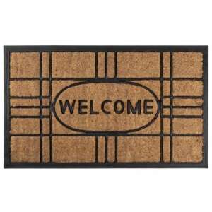 Welcome doormat with brown coir fibers and black rubber border, featuring the word "WELCOME" in an oval shape. - Doormat