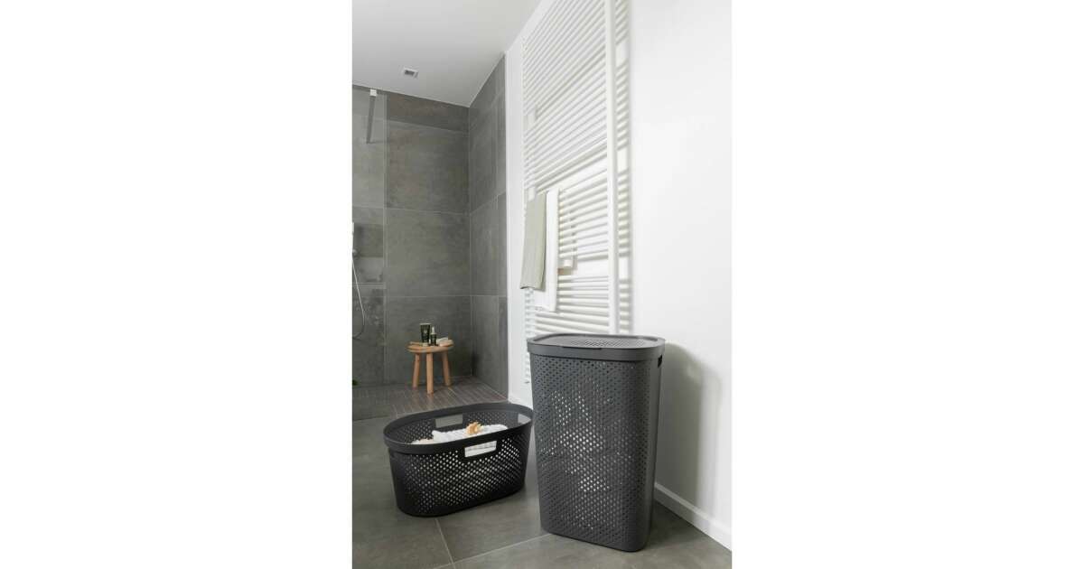 Szennyeskosár, 2 fogantyú, fedő, műanyag, antracit, 60 L, 44x35x60 cm, Infinity Recycled, Curver 59967404