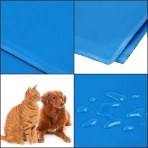 Collage of a blue cooling mat for pets, showing the material, water resistance, and pets using it - Cooling Product for Pet