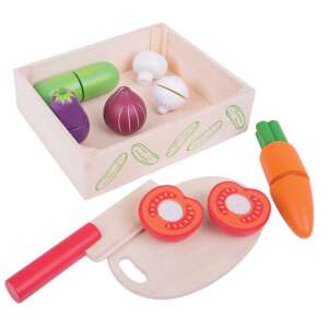 Wooden toy vegetable set with knife, chopping board, and storage box, perfect for pretend play and learning about healthy eating - Play food