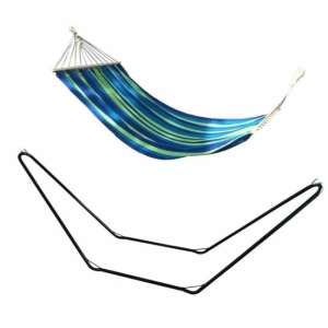 Zöld és kék csíkos pamut függőágy acél állvánnyal, 200x100 cm, max 100 kg - Függőágy