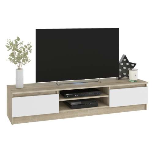 TV állvány P33_160 Sonoma fehér, modern TV állvány két szekrényel és egy polccal, tökéletes a TV és egyéb médiaeszközök tárolására