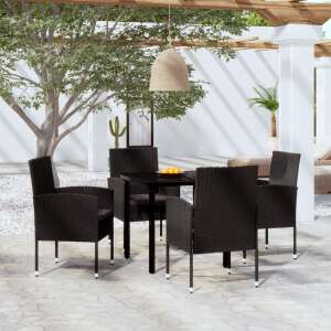 vidaXL 5-piece black garden dining set with PE rattan chairs and glass top table in outdoor setting - Garden Dining Set