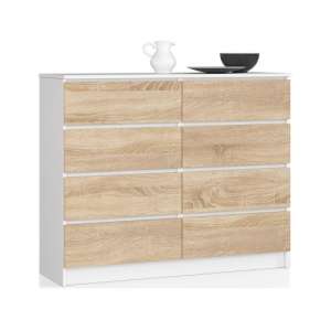 Akord 120 cm-es 8 fiókos Komód, fehér/dió Sonoma, laminált, CLP rendszerű, önállóan összeszerelhető, ABS élzárás, modern álló szekrény