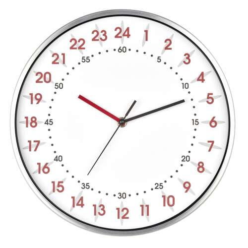 24-Stunden-Analog-Wanduhr mit rotem Stundenzeiger und schwarzem Minutenzeiger, silbernem Rahmen, weißem Zifferblatt
