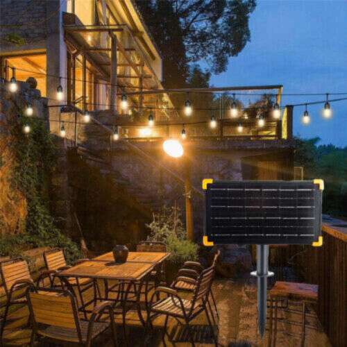 Solar powered LED string lights with warm white bulbs, perfect for outdoor use, decorating patios, gardens, and more.