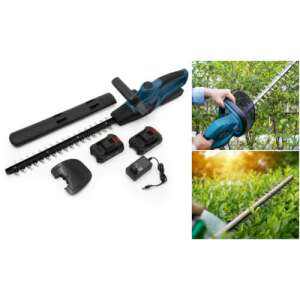 Kiyoshi KE23-333 48V Nożyce do żywopłotu bezprzewodowe z 2 akumulatorami, pokazujące nożyce do żywopłotu w użyciu, dołączone akcesoria i opakowanie - Dom i ogród