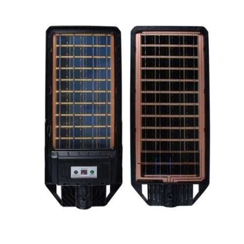 FT-300W LED слънчева лампа за улично осветление, преден и заден изглед, показващ слънчевия панел и LED светлините