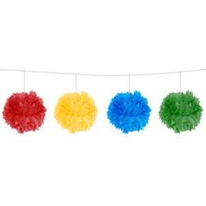 Buntfarbener Pompom-Girlande, 300 cm lang, rote, gelbe, blaue, grüne Pompons - Partydeko