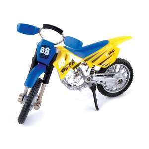 Die-cast metal stunt motorcycle toy, yellow and blue, with extra wheels - Developmental Toy for School-Age Kid