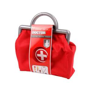 Červená lekárská taška so striebornou rukoväťou a červeným krížom, obsahuje stetoskop, striekačku a ďalšie lekárske nástroje - Lekárske hračky