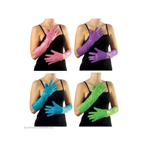 Flitteres kesztyűk 4 színben: türkiz, lila, rózsaszín és zöld. Tökéletes minden jelmezhez! Ezekkel a kesztyűkkel nem maradsz észrevétlen! Hossza 41 cm, lefedi az egész alkart! Légy elegáns, mégis mókás ezekkel a kesztyűkkel!