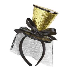 Arany csillogó mini cilinder hajpánton fekete masnival és fátyollal - Widmann