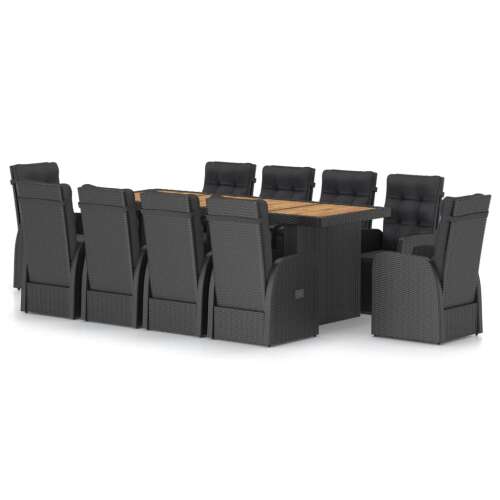 vidaXL 11 részes fekete polyrattan kültéri étkezőszett párnákkal 60053426 - Kerti bútor