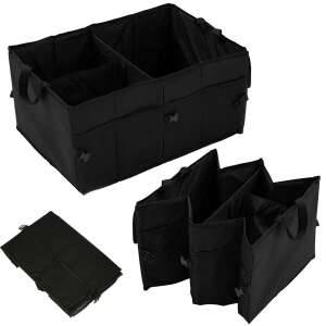 Black car trunk organizer with multiple compartments and pockets, folded and unfolded, showing size and features - Car Organizer