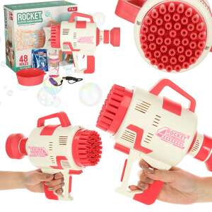 Pink Rocket Electric Bubble Machine with 48 holes, bubble solution, tray, and USB charging cable - Kik