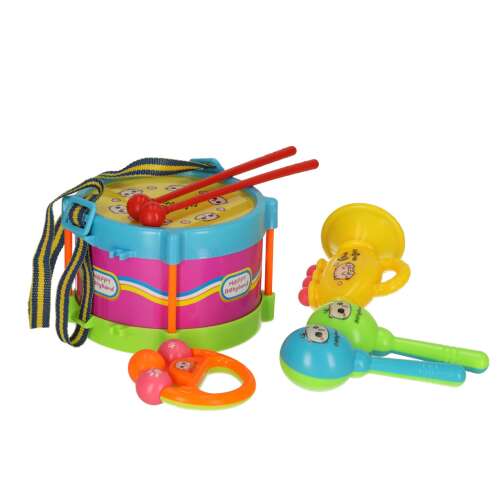 Childrens Drum Set, 7 piece musical toy set for kids, includes drum, trumpet, tambourine, maracas, and more