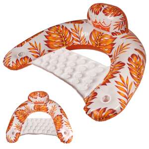 Inflatable pool float chair with backrest and cup holders, orange and white tropical leaf design - JM