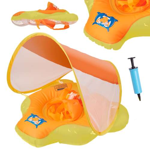 Aufblasbarer Babyschwimmring mit Baldachin, gelb und orange, mit Delfin-Design, für Pool oder Strand