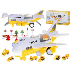 Toy airplane with construction vehicles, yellow and white, A380, transporter, playset - Kik