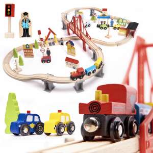 Set de tren din lemn cu șine, pod, clădiri, mașini și figurine - Kik