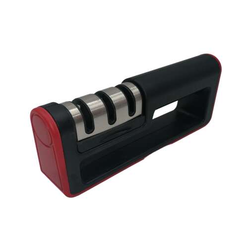 Black and red knife sharpener with three sharpening slots