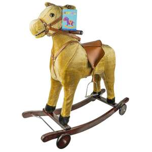 Brown wooden rocking horse with wheels, plush body, saddle, and reins, Robentoys - Rocking horse & animal