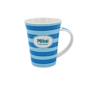Personalized blue striped porcelain mug with the name Mihai - Nekupto