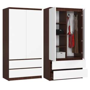 AKORD Modern Doppeltüriger Kleiderschrank Laminat Wenge-Weiß 2 Schubladen