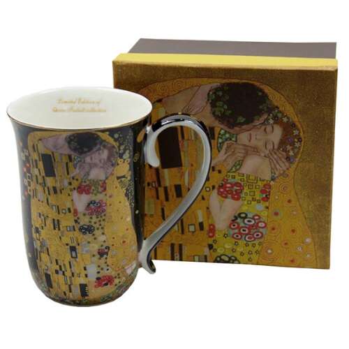 Klimt A csók porcelán bögre, 400 ml, fekete háttérrel