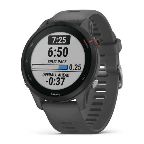 Интелигентен часовник Garmin Forerunner 255 със сив силиконов каишка, показва данни за бягане на екрана