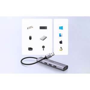 Ugreen 5-in-1 USB Hub Adapter with USB-A to 3x USB 3.0, RJ45 Ethernet, and USB-C ports, gray - USB Hub
