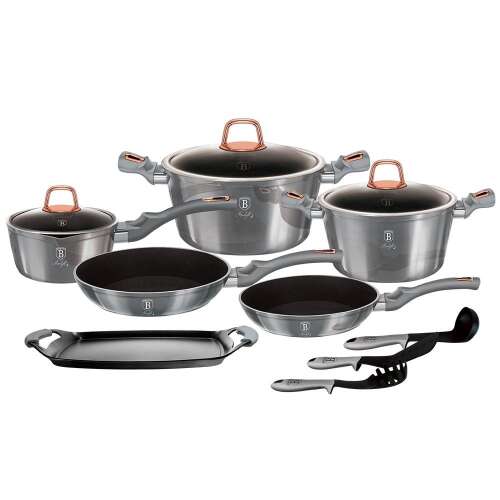 Berlinger Haus Moonlight Edition 12+2 piece cookware set, featuring pots, pans, a grill pan, and utensils
