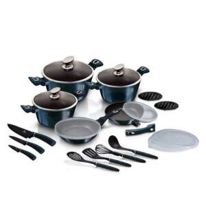 Berlinger Haus Metallic Line Aquamarine 22 piece cookware set with marble coating, includes pots, pans, lids, utensils, and knives - Berlinger Haus Crockery