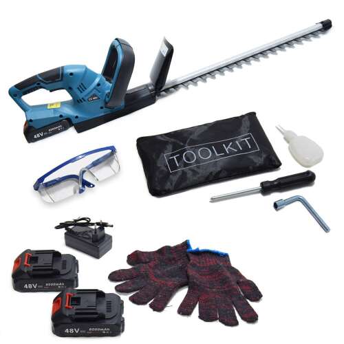Kiyoshi akumulátorové nožnice na živý plot s dvoma 48V batériami a nabíjačkou, ochranné okuliare, rukavice, sada nástrojov, olejovač, skrutkovač, kľúč
