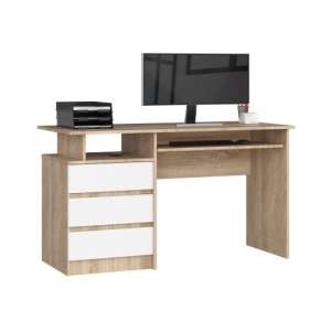 Akord - CLP íróasztal, 135 cm, sonoma tölgy/fehér, 3 fiókos, 2 polcos, laminált forgácslemez, ABS élzárás, matt kivitel, önszerelhető, kihúzható billentyűzettartóval