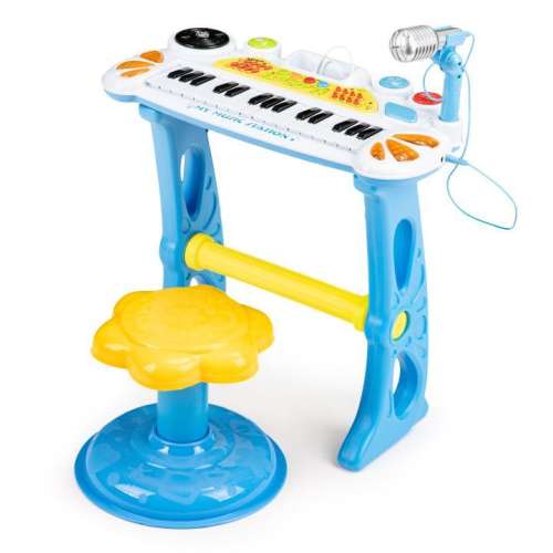 Blue kids electronic keyboard with microphone and stool, My Music Station